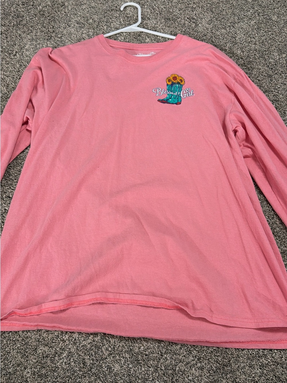 Crew Neck Long-Sleeve Tee with Sunflower & Boot Graphic - Pink